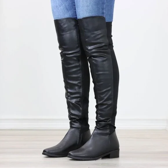 Low Heel Thigh High Boots Over The Knee Faux Leather & Stretchy Material Mix - Picture 7 of 15